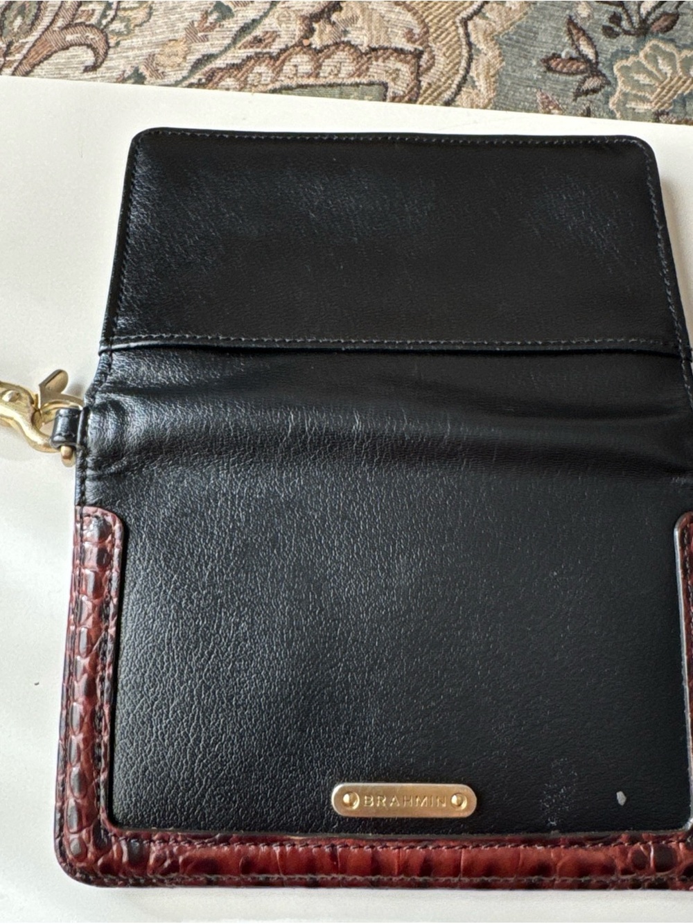 Brahmin Black with Burgundy Croc-Trim Wristlet - Picture 2 of 16